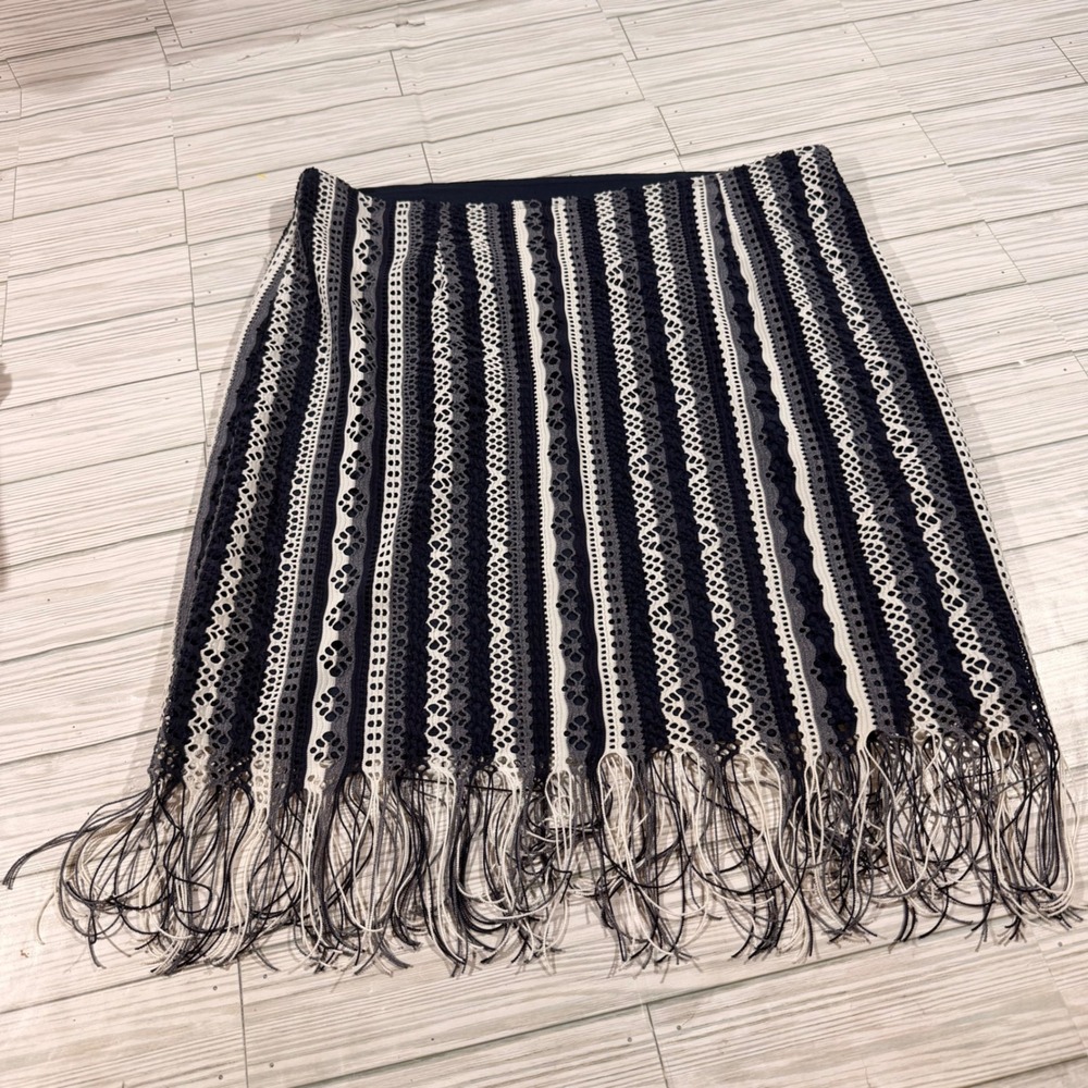 Cato Womens Crochet Fringe Midi Skirt Navy Blue White Striped Boho Size 12